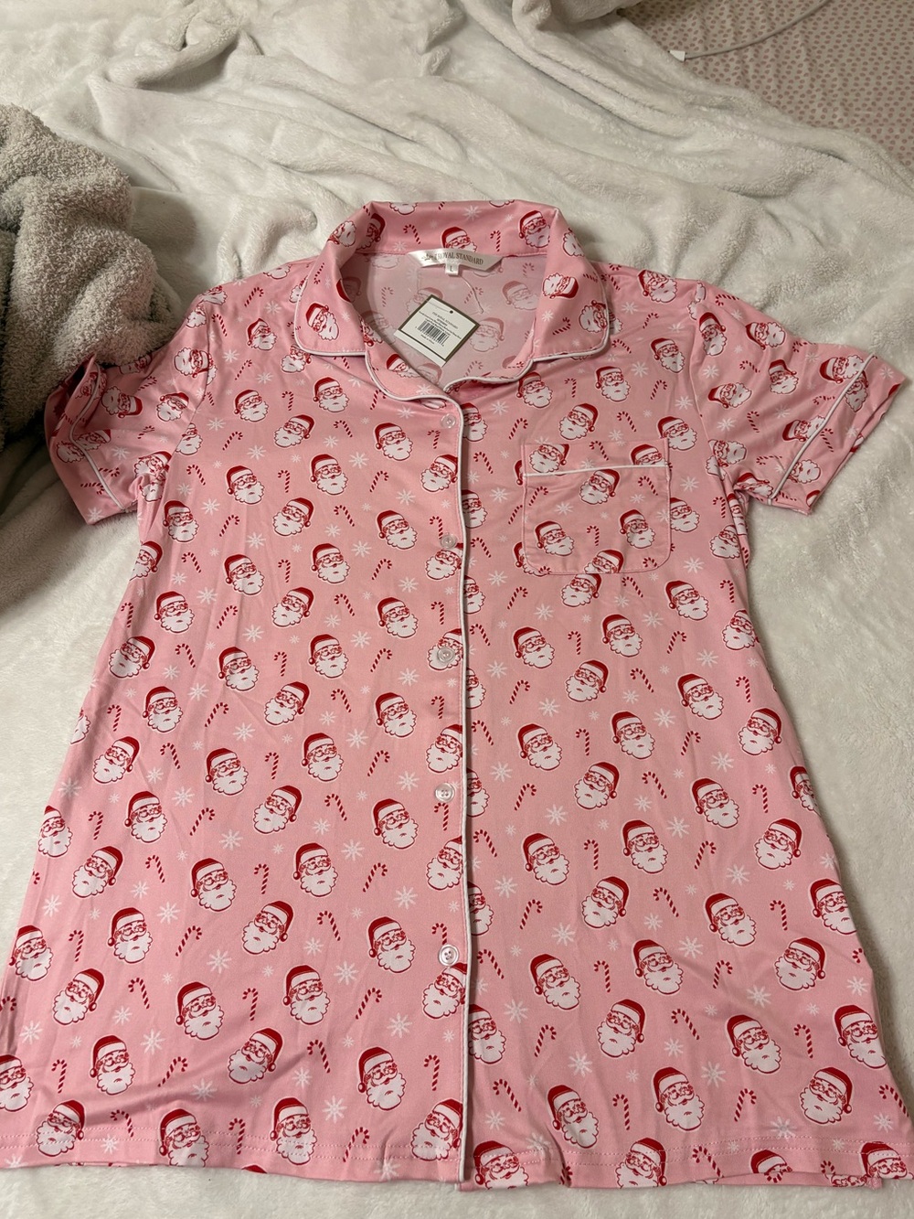 Women’s Pink Santa Print Short Sleeve Pajama Shirt -